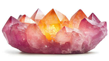 Illuminated Pink Quartz Cluster, White Background