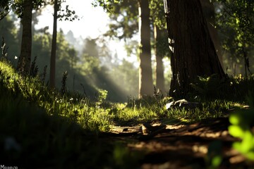 Sunlit Forest Clearing, tranquil space bathed in golden light, trees framing a peaceful scene, inviting atmosphere for reflection and relaxation