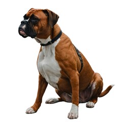 Obraz premium Charming Canines: Heartwarming Dog Images for Every Need. A boxer dog standing isolated on a transparent background.Boxer Dog Sitting Calmly and Gazing Upward Against a White Background in Daylight. 