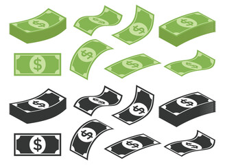 Paper money dollar icon vector illustration isolated. Money cash vector design or paper currency icons collection in green and black colors