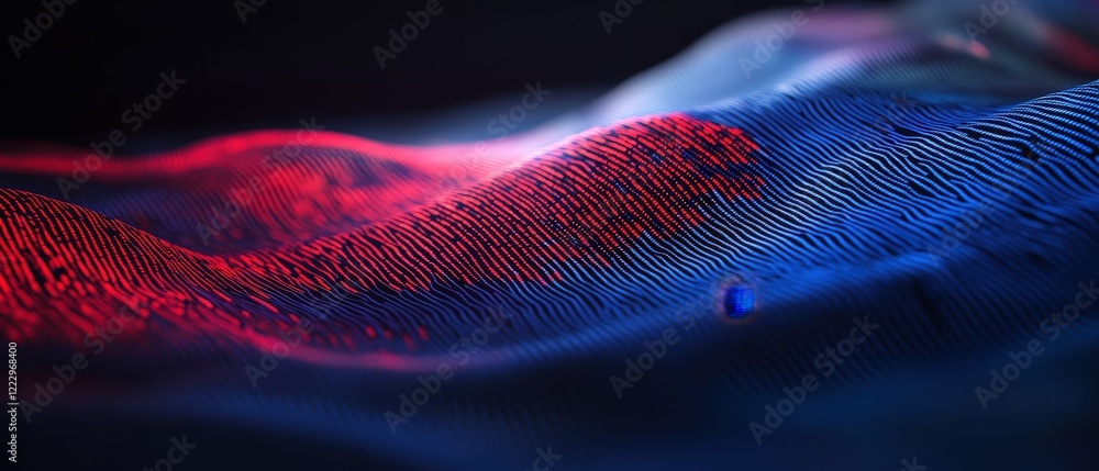 Poster abstract digital landscape with flowing waves in red and blue color schemes, representing advanced t
