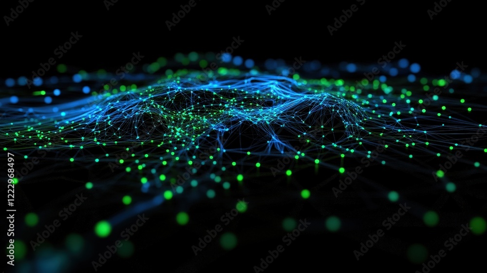 Poster abstract digital landscape with vibrant green and blue glowing particles representing data flow, net