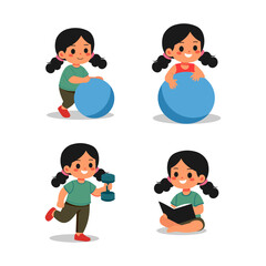 A set of four cute cartoon illustrations of a young girl doing various activities. The collection shows her exercising with a gym ball and a dumbbell, as well as sitting and reading a book