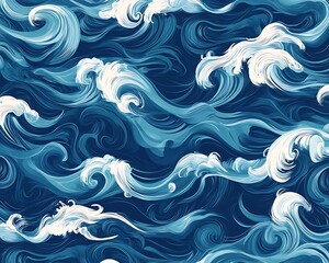 Fototapeta premium The image is a blue and white ocean wave with a lot of detail. The waves are very large and the water is choppy. Scene is calm and peaceful,