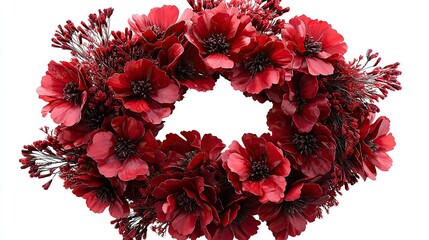 A vibrant red floral wreath of blooming flowers