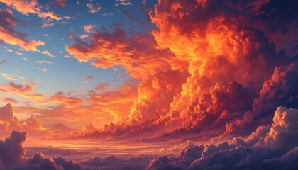 A breathtaking view of a dramatic sunset sky filled with vibrant orange and fiery red clouds
