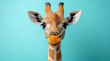 Adorable Baby Giraffe Portrait Against Turquoise Background