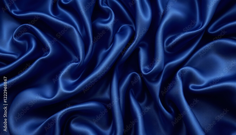 Poster a high-resolution close-up image showcasing the texture and drape of a deep blue satin fabric