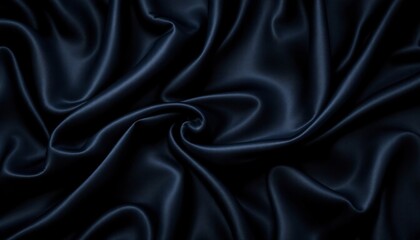 Obraz premium Close-up view of a luxurious dark navy blue satin fabric with intricate folds and drapes