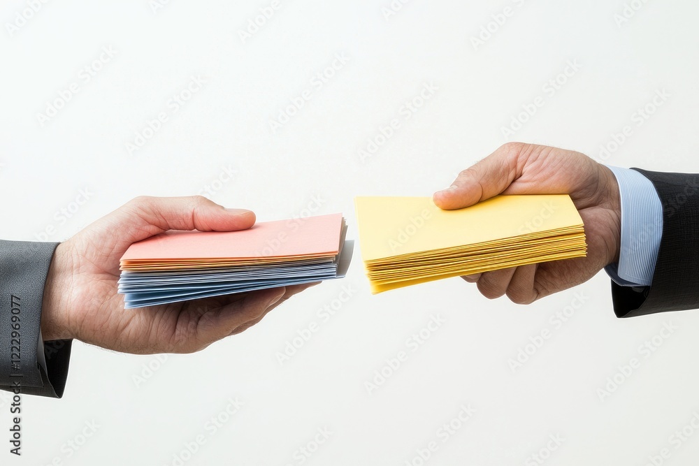 Poster hands exchanging data files, showcasing line and data transfer, professional environment, neutral co