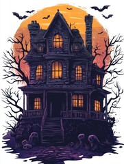 Spooky Gothic House with Bats and Halloween Atmosphere at Dusk