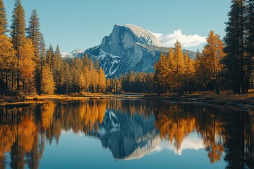 Autumnal reflection of a majestic mountain peak in a serene lake surrounded by golden trees