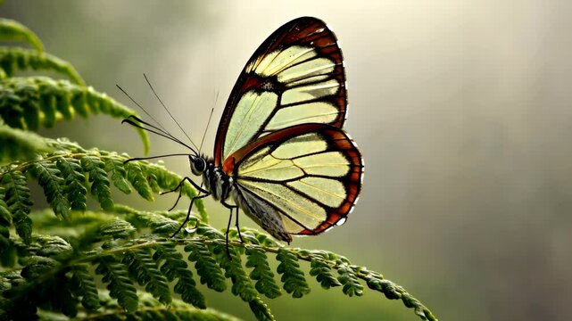 Close-up of a glasswing butterfly with translucent wings perched on a fern leaf
