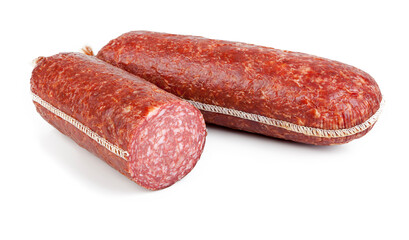 Pork salami sausage, isolated on white background.