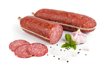 Pork salami sausage, isolated on white background.