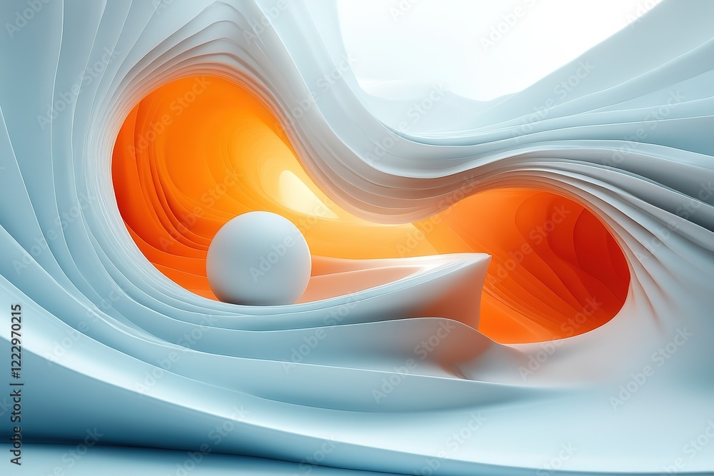 Poster abstract 3d rendering of a sphere nestled within flowing layered forms cool blues contrast warmly wi