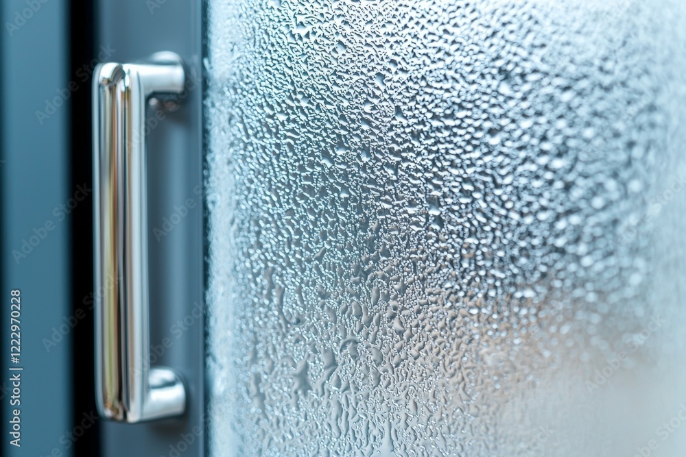 Poster door handle is shown with a foggy window behind it