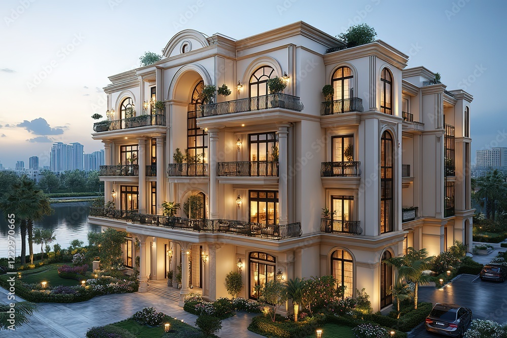 Poster elegant multi-story building with classical architecture illuminated at twilight overlooking a tranq