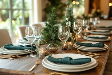 A rustic holiday table setting with elegant plates gold cutlery and small evergreen trees as centerpieces