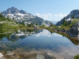 Mountain reflection in a clear lake with blue sky and snow capped peak scenic view