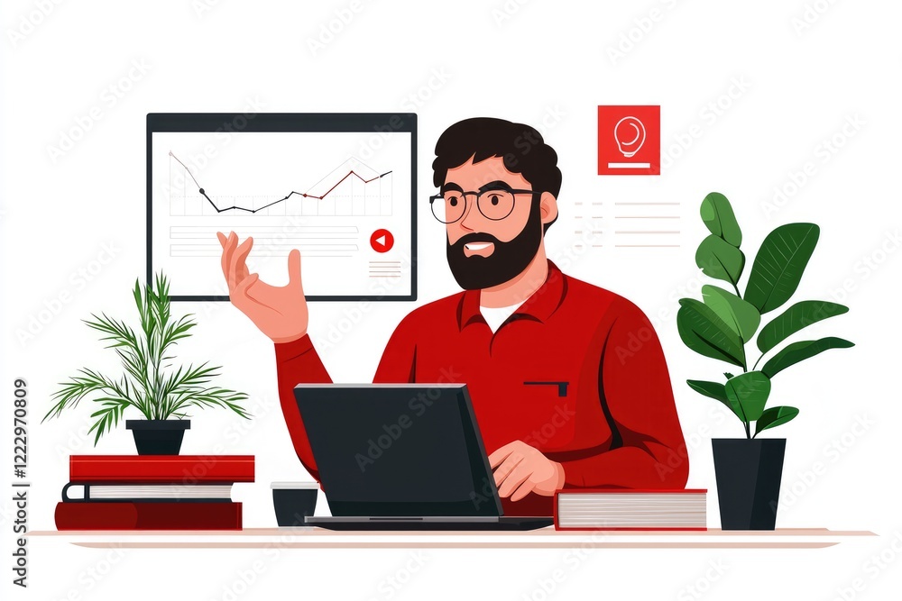 Poster online learning environment featuring a teacher explaining concepts on a screen, minimal props like 