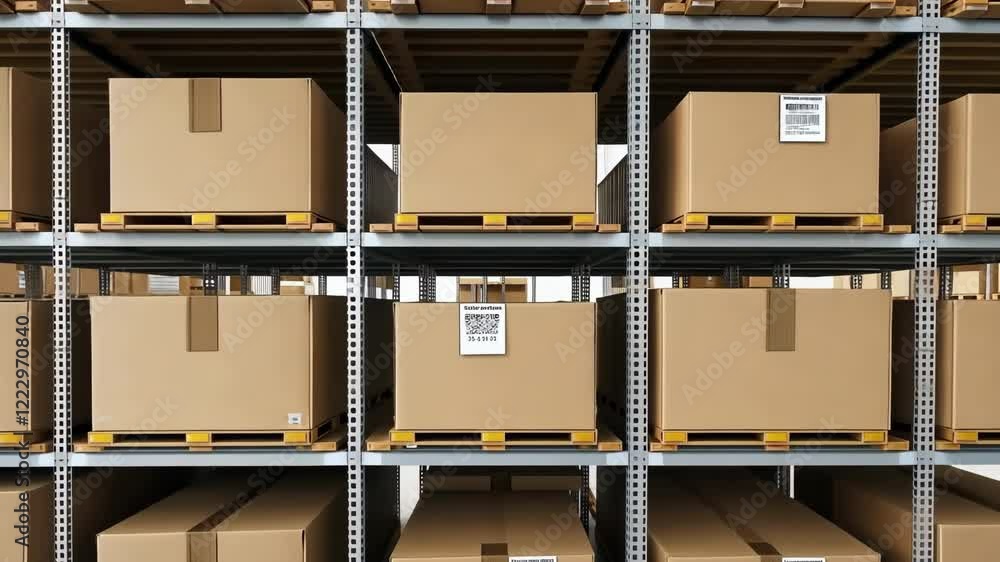 Poster a large warehouse with many boxes stacked on shelves. the boxes are labeled with numbers and letters