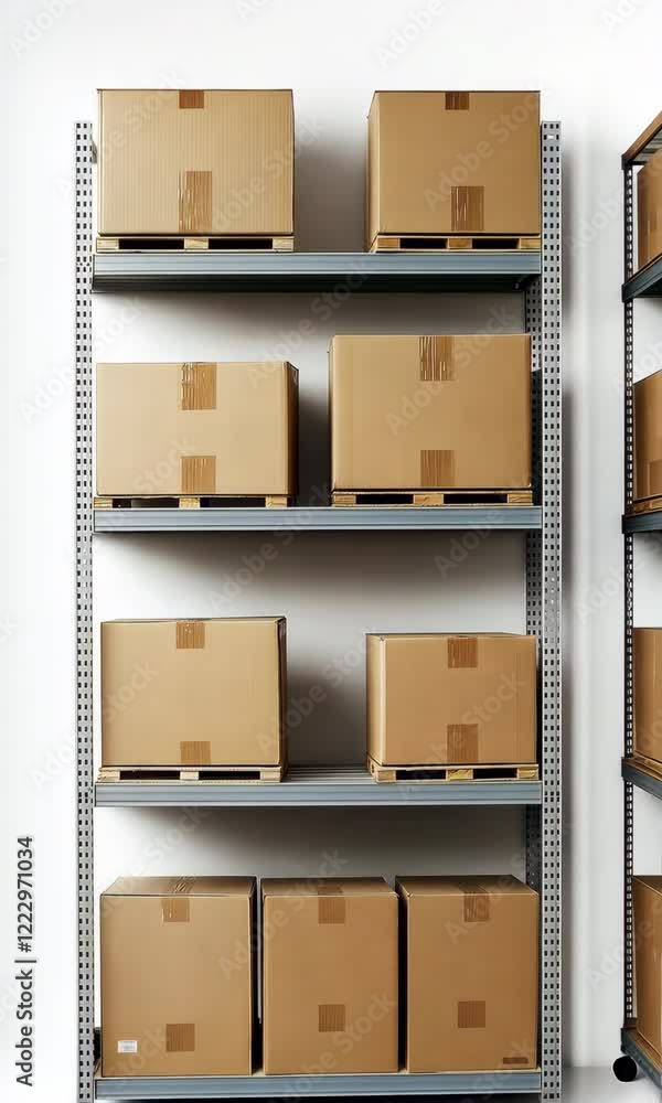 Poster a shelf full of cardboard boxes. the boxes are stacked on top of each other and are of different siz