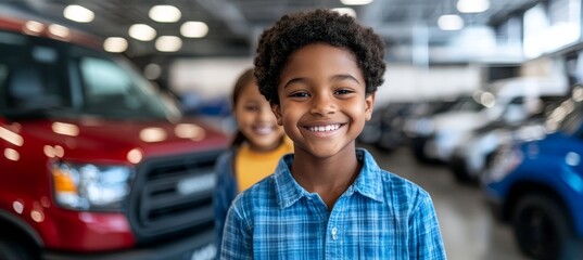 Naklejka premium Two Young Children, Exploring Fun, Have Joyful Expressions in Car Dealership Showroom