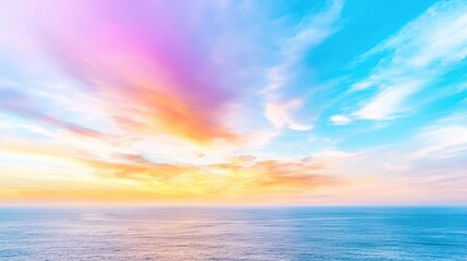 Obraz premium Vibrant sunset over calm ocean; peaceful sky, idyllic scene; background for travel or nature projects