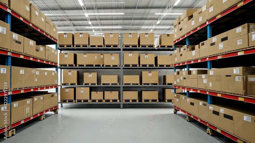 Aufkleber a large warehouse with many boxes on shelves. the boxes are stacked on pallets and are labeled with 