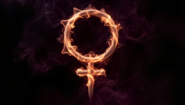 Flaming female symbol glowing against a dark background