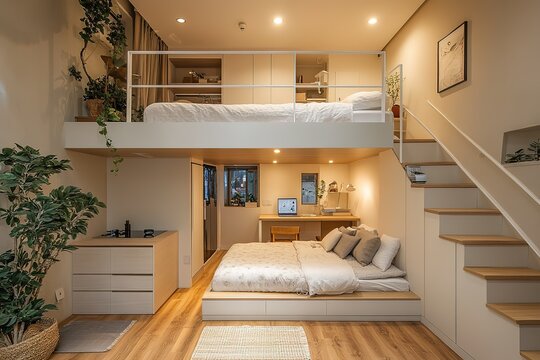 Cozy loft apartment with a minimalist design featuring a lofted bed and built-in storage