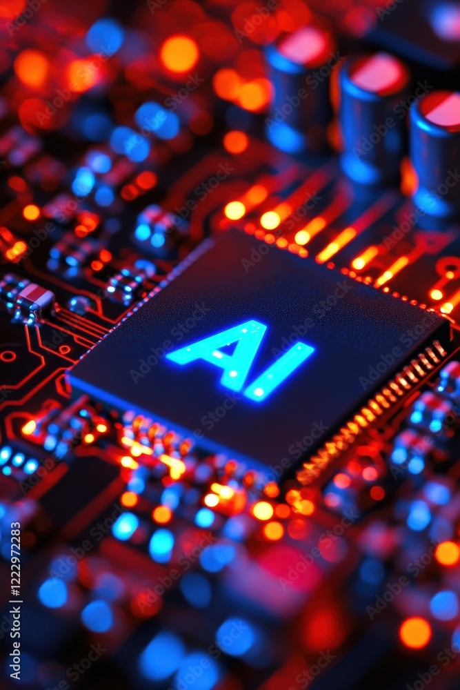 Poster ai chip on a circuit board illuminated with blue and red lights, representing advancements in techno
