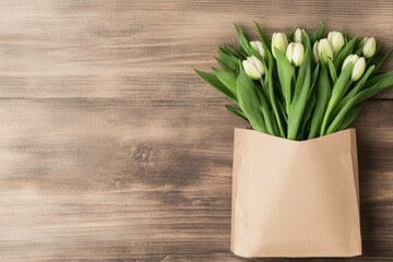 Fresh white tulips in a brown paper bag on a wooden background, representing spring, nature, and sustainable beauty with a minimalistic style