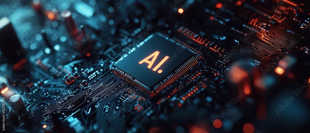 Poster ai chip on a circuit board in a futuristic technology setting, representing artificial intelligence,