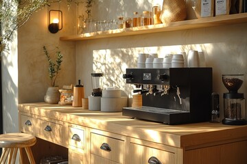 A sunlit cafe counter features a sleek espresso machine surrounded by wooden cabinets and shelves stocked with coffee supplies