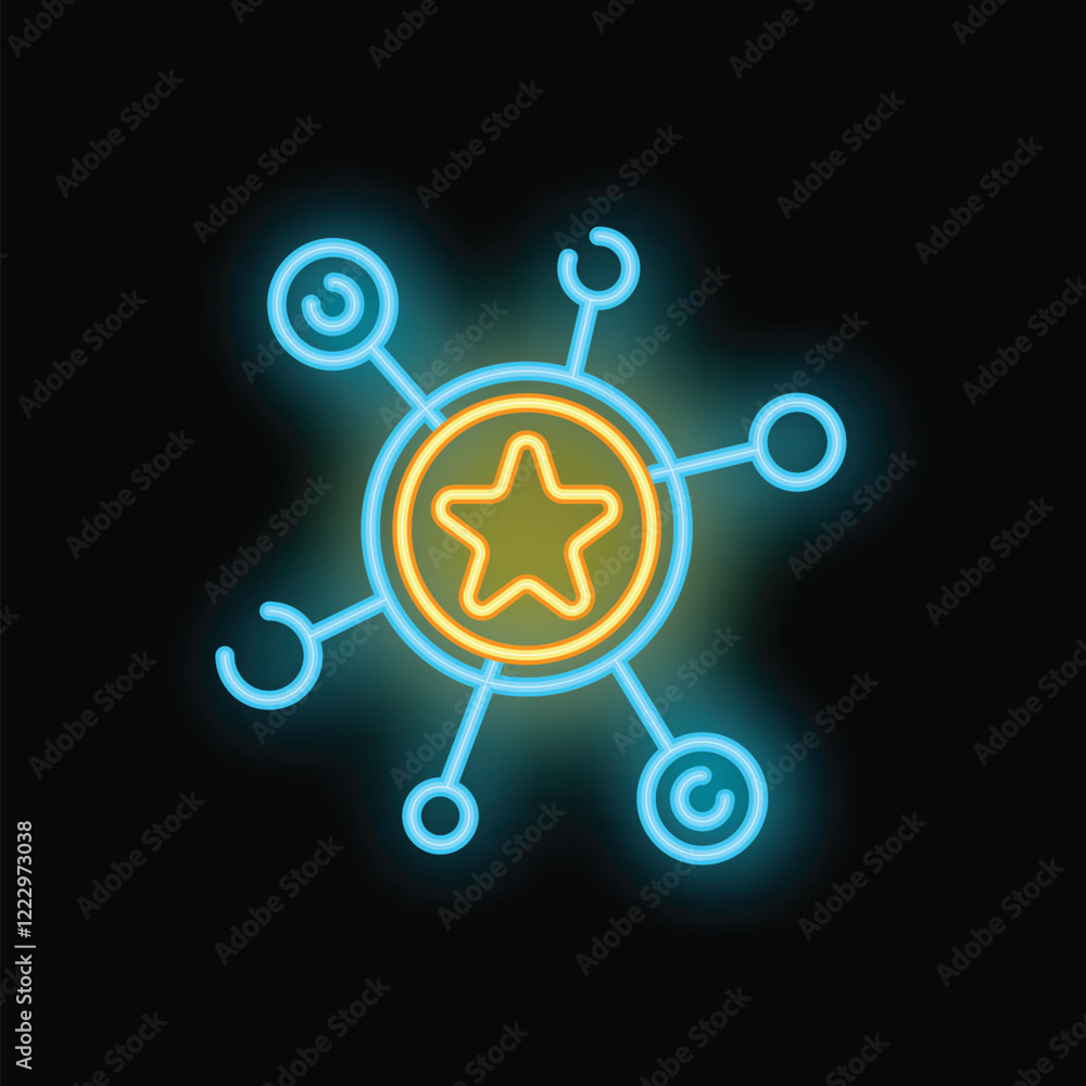 Poster neon icon of a star connected with circles representing a network, symbolizing a concept in a visual
