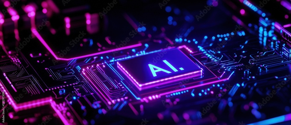 Poster ai chip on a vibrant circuit board, showcasing advanced technology and digital innovation in electro