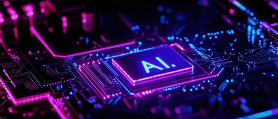 AI chip on a vibrant circuit board, showcasing advanced technology and digital innovation in electronics, representing the future of artificial intelligence and computing.