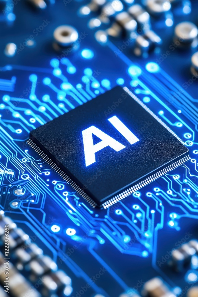 Poster ai chip on blue circuit board representing advanced technology, artificial intelligence innovations,