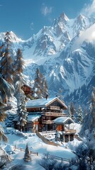 Digital snow mountain hut illustration poster background