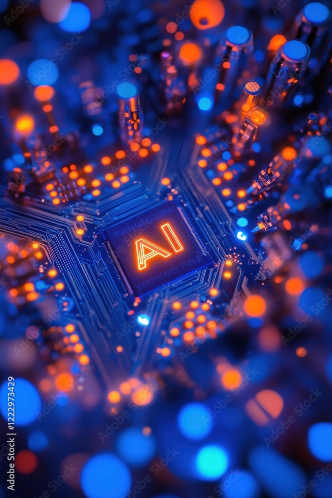 Poster ai, circuit board and technological advances in artificial intelligence with glowing neon lights in 