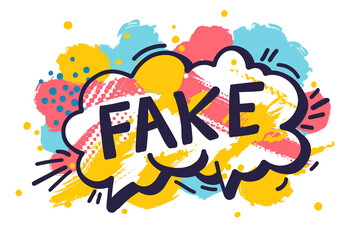 Fototapeta premium Bold 'FAKE' text in colorful speech bubble on blue background, emphasizing fake news concept.