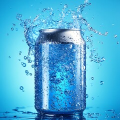 Closeup of a refreshing blue soda can with sparkling water droplets, cool 