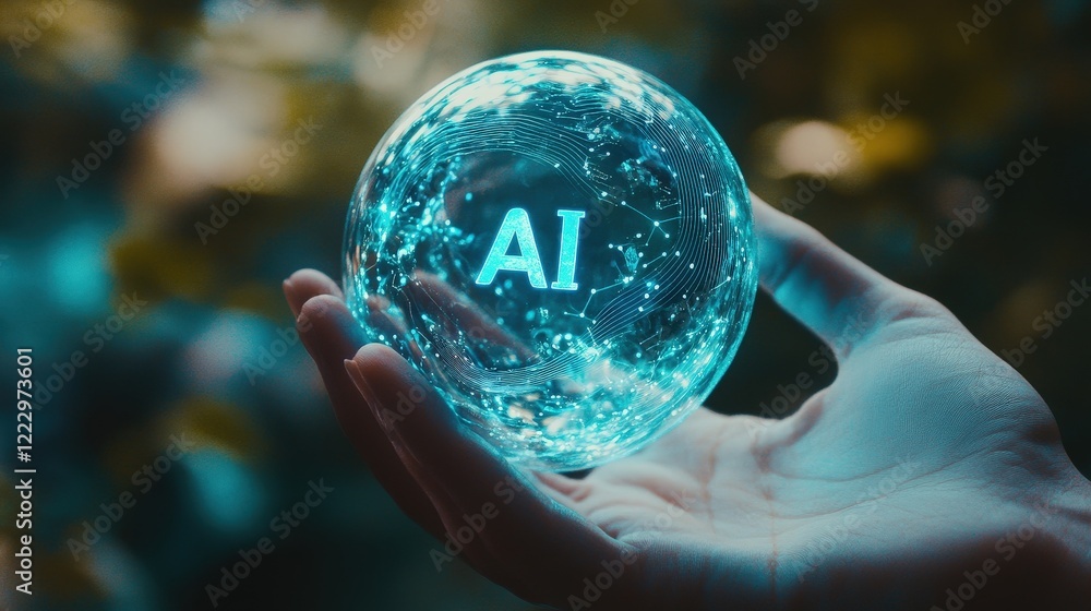 Poster ai crystal ball in hand representing future technology, digital innovation, and artificial intellige