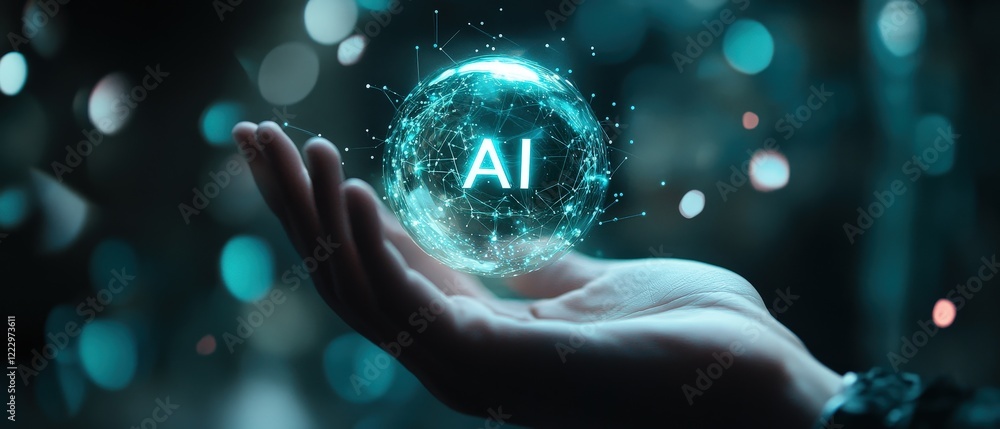 Aufkleber ai concept in futuristic digital sphere held in hand, symbolizing technology, innovation, and data a