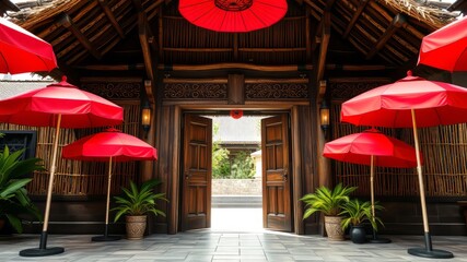 Obraz premium Bali Entrance, Wooden Door, Straw Roof, Red Umbrellas