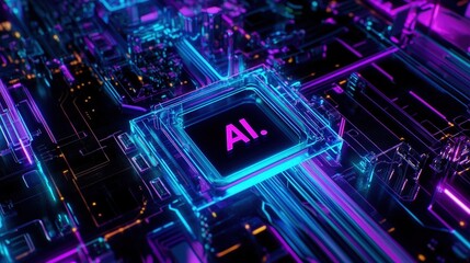 AI, digital circuitry and futuristic technology with glowing elements showcasing artificial intelligence in modern computing and data processing environments.