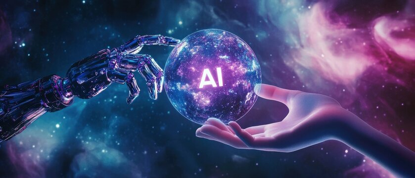 AI, digital interaction and futuristic technology with robotic hand touching a glowing sphere in cosmic space. Innovation, creativity and artificial intelligence concept. - Powered by Adobe
