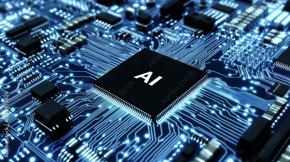 Poster ai microchip on a blue circuit board representing advancements in technology, artificial intelligenc